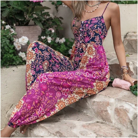 Boho Floral Print Cottagecore Cami Jumper Jumpsuit - Picture 2 of 4